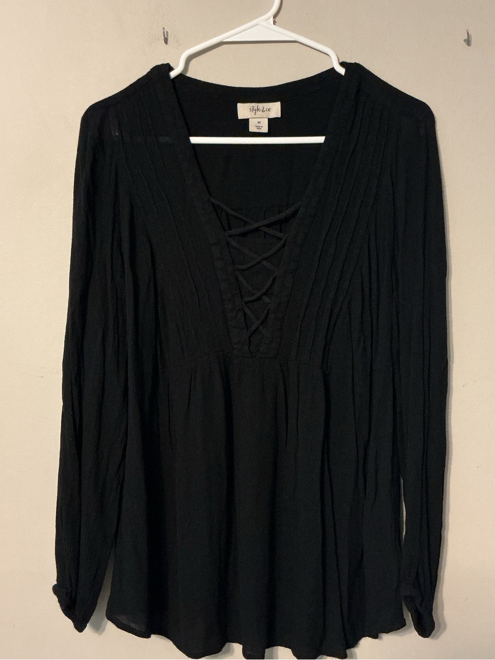 Style & Co. Black Lace-Up V-Neck Peasant Blouse